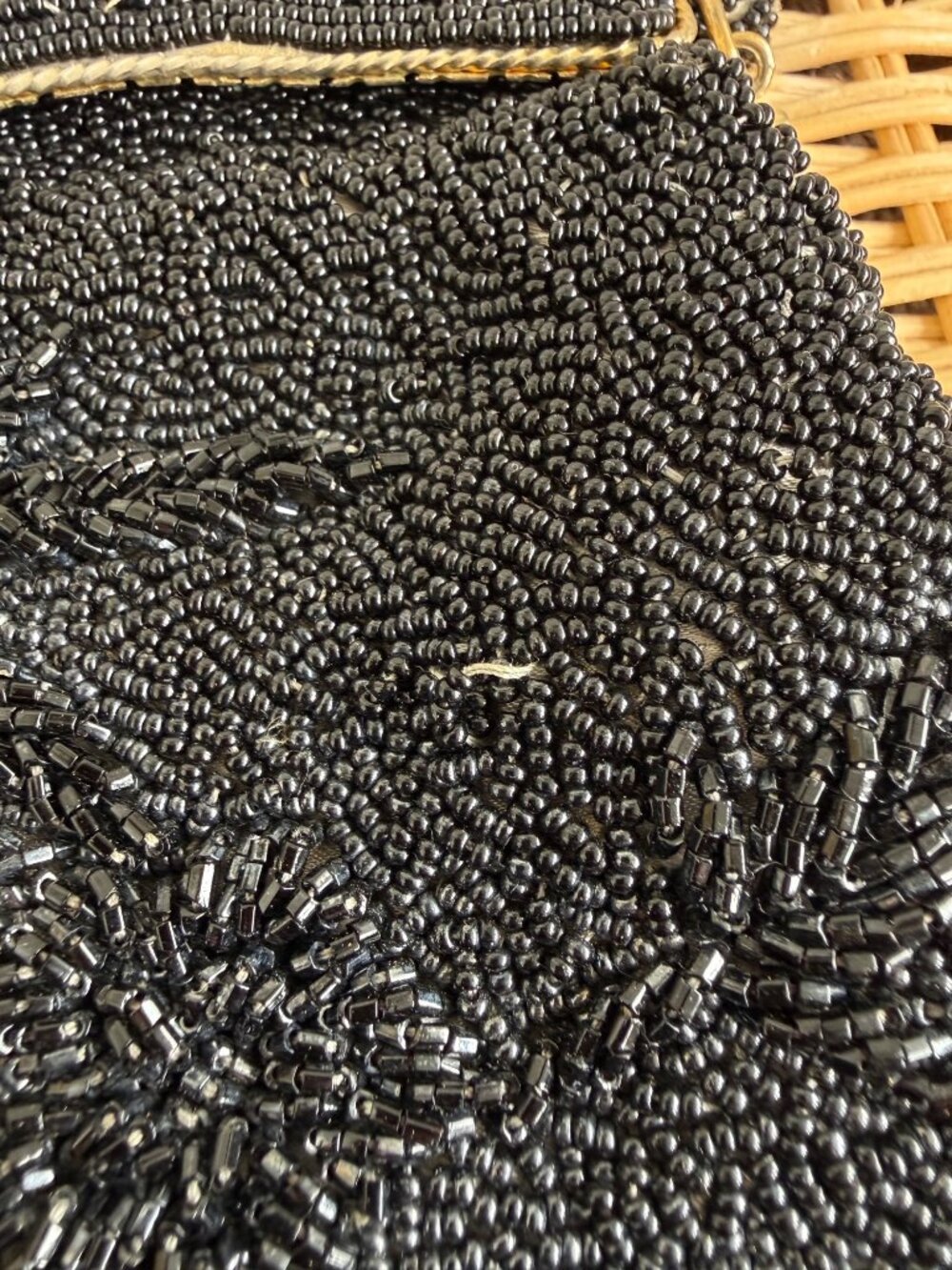 Vintage 1960s Black Glass Floral Seed Beaded Top Handle Formal Purse - Picture 5 of 16